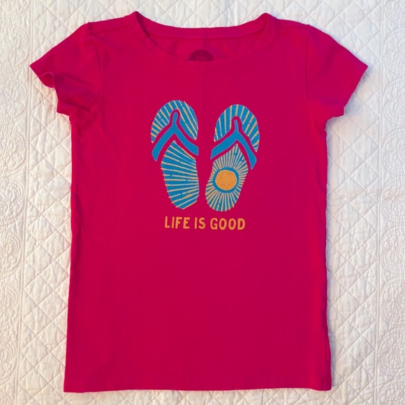 Life is Good | Flip Flop & Sun Graphic Short Sleeve 100% Cotton Tee Pink (S 5-6) - Picture 1 of 8